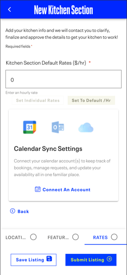 rates screen showing the calendar sync widget